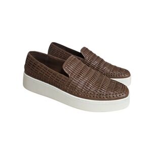 Vince Woven Slip On Sneakers Brown Leather Platform Loafers Women US 8 EUR 38